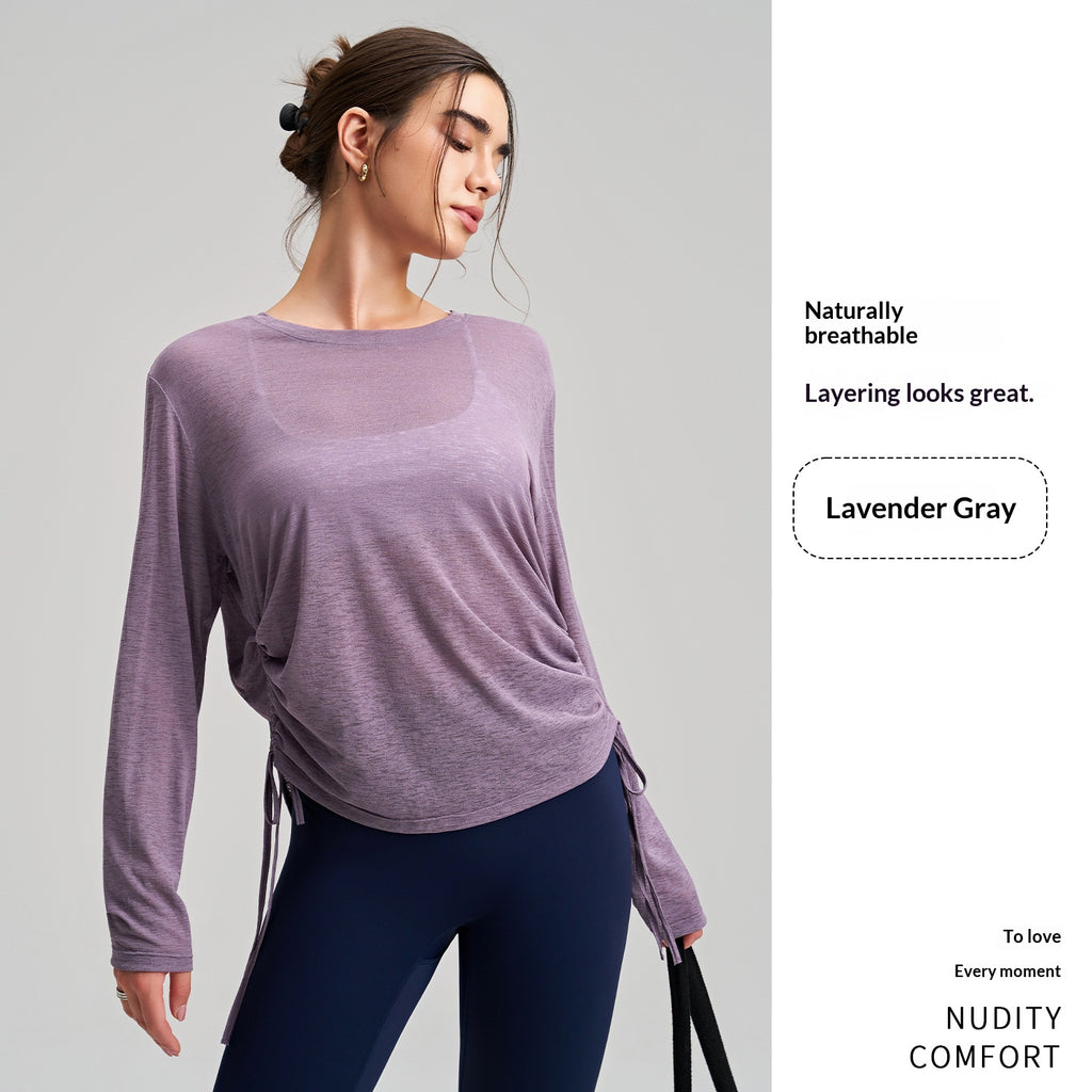 New Outerwear Crew Neck Yoga Cover-up Long-Sleeve Hip-Covering Side Drawstring T-Shirt, Loose Breathable Workout Running Yoga Top – Premium 4 | RICALOUX
