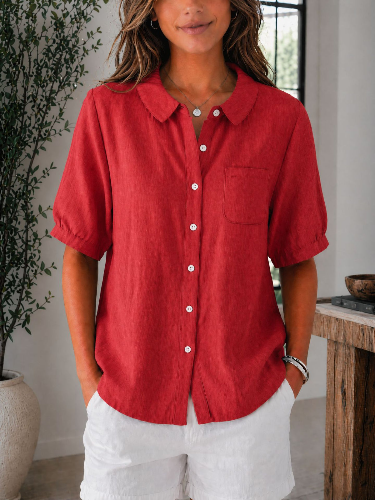 Womens Solid-color Loose-fit Casual Work Top by Ricaloux