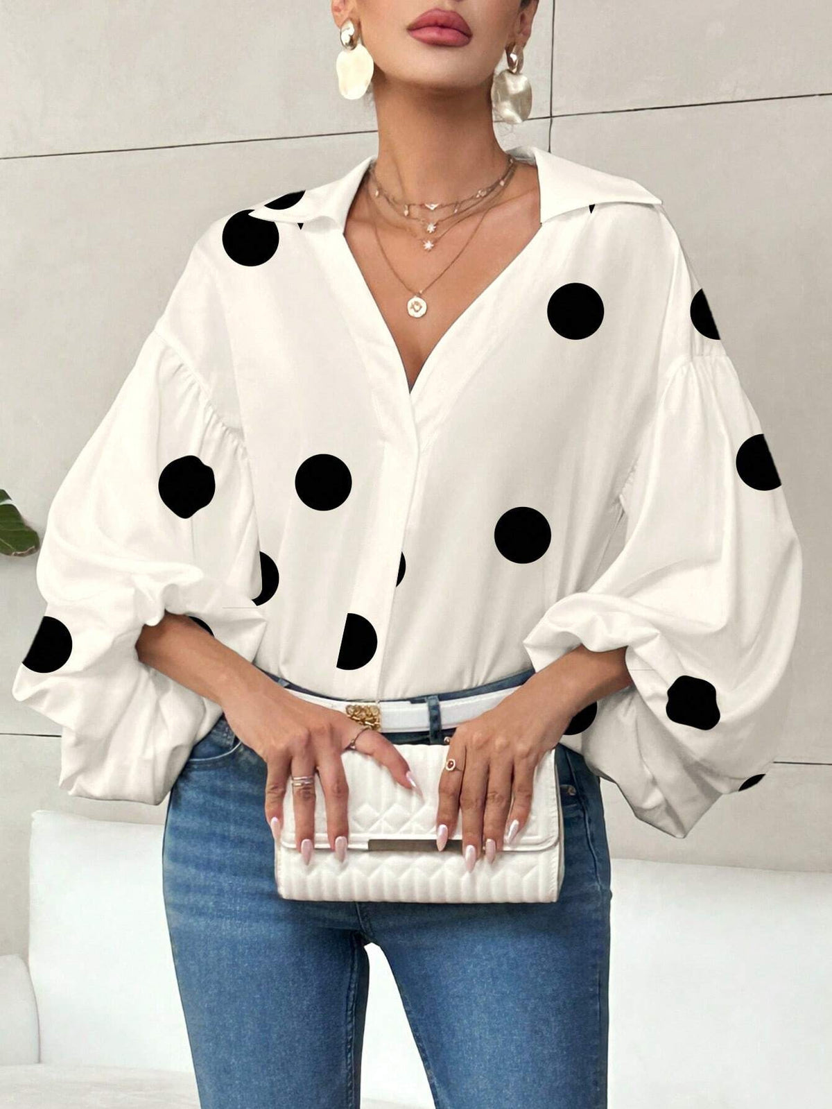 Niche Fashionable French Polka Dot Half-open Collar Design Loose Bubble Long Sleeve Top - RICALOUX