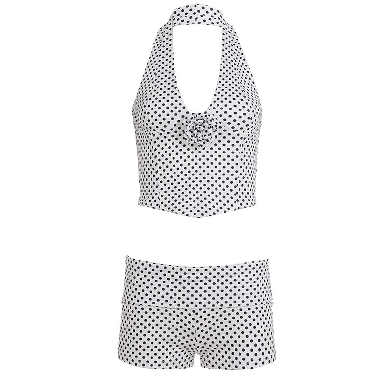 Polka-dot 3D Flower Halter Vest And Cropped Shorts Set by Ricaloux