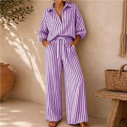 Fashionable Striped Lapel Shirt And Pants Womens Set by Ricaloux