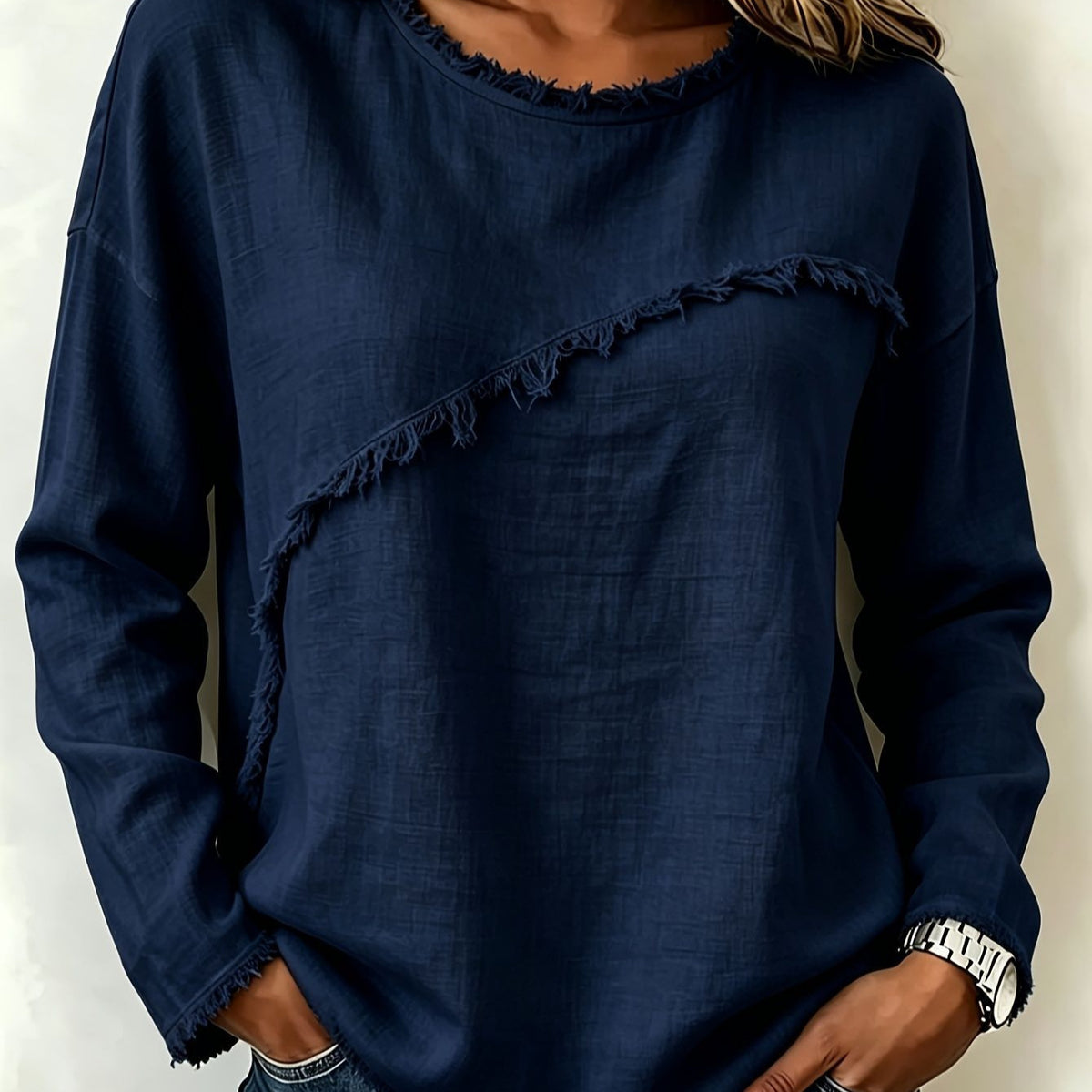 Round-neck Patchwork Lace Long-sleeve T-shirt Casual Top by Ricaloux