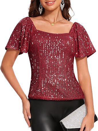 Womens Fashionable Square-neck Short-sleeve Sequin Puffed Sleeves – Premium 0 | RICALOUX