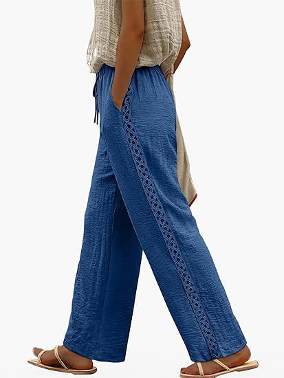 Womens Drawstring-waist Patchwork-lace Casual Loose-fitting Wide-leg Pants With Pockets – Premium 0 | RICALOUX