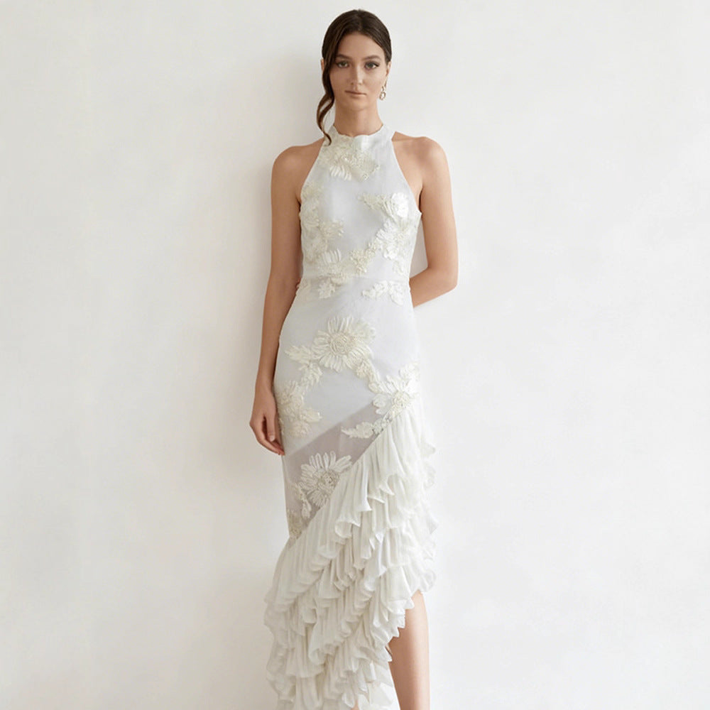 Sleeveless Off-shoulder Dress With Three-dimensional Embroidery And Ruffled Hem by Ricaloux