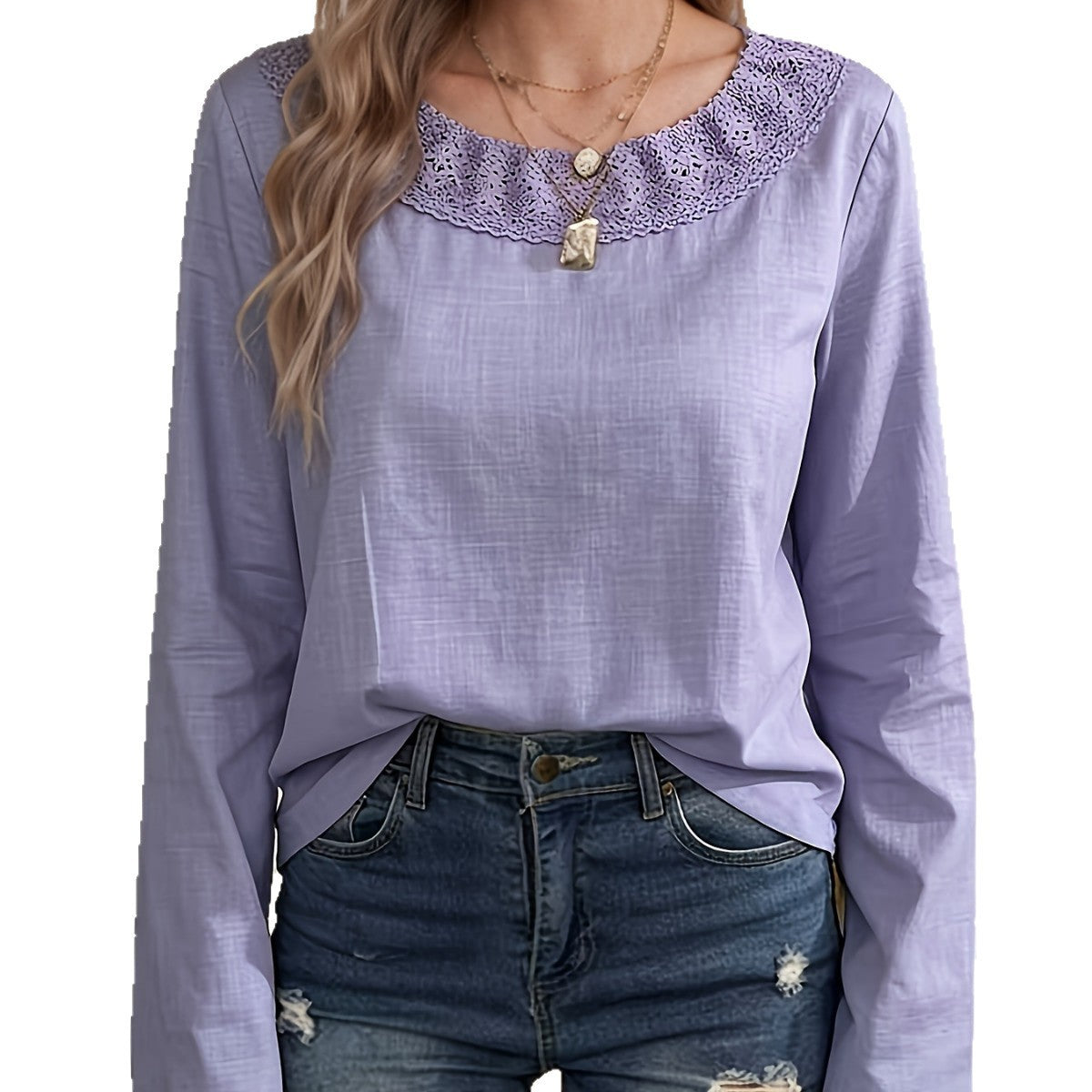European And American-style Lavender Vintage Lace-trimmed Casual Crew-neck Long-sleeve Top – Premium 0 | RICALOUX