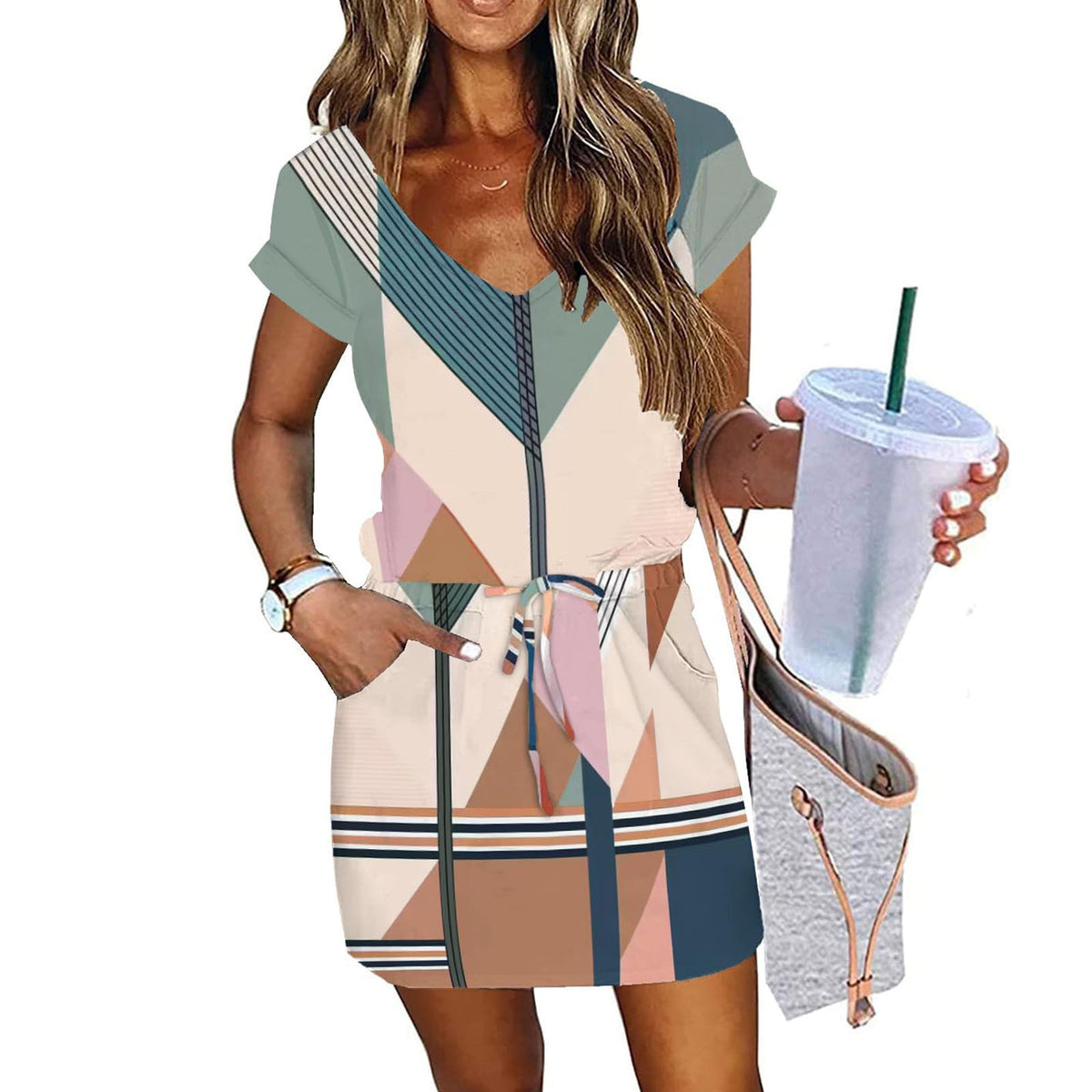 V-neck Short-sleeved Pullover Dress With Drawstring Elastic Waist And Pockets by Ricaloux