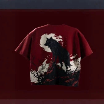 American-style High-street Wine-red Drop-shoulder T-shirt by Ricaloux