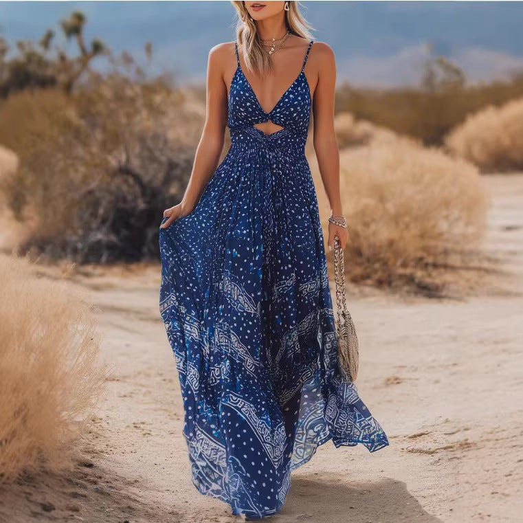 Bohemian-style Flowing Deep-blue Chiffon Maxi Dress With A V-neck And Floral Print by Ricaloux