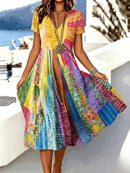 3D-printed V-neck Short-sleeve Elegant Dress – Premium 0 | RICALOUX