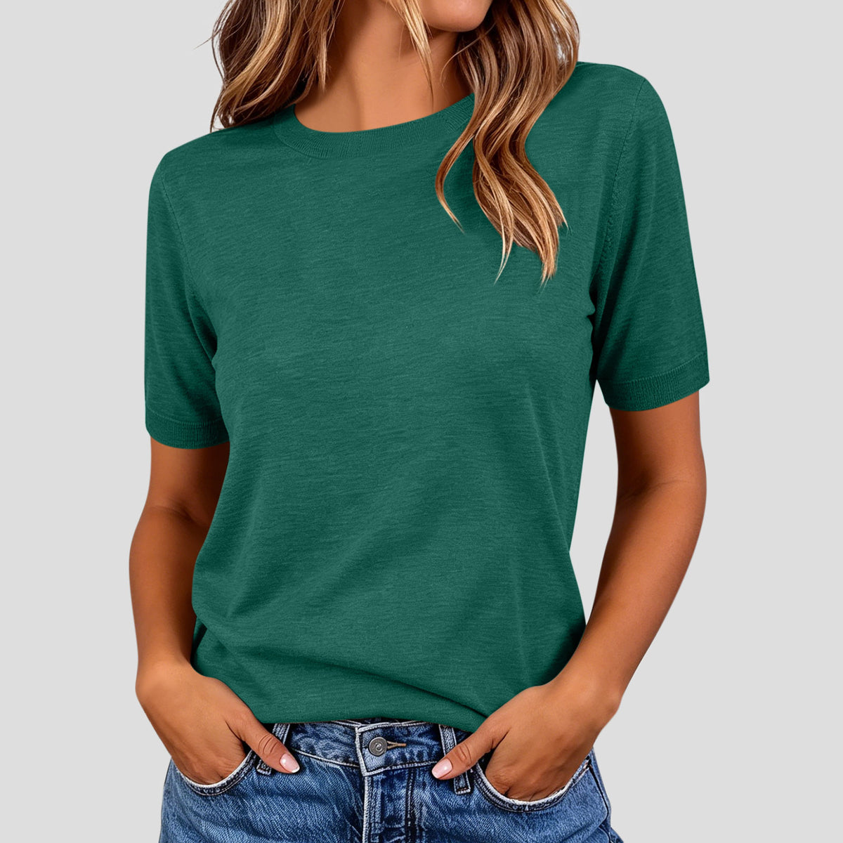 Women's Summer Lightweight Knit Short Sleeve T-Shirt Solid Crewneck Loose Regular Fit Casual Versatile Top Sweater by Ricaloux
