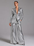 Silver Square Sequin Peak Lapel Blazer & High Waist Full Flare Trousers 2-Piece Party Suit – Premium 4 | RICALOUX
