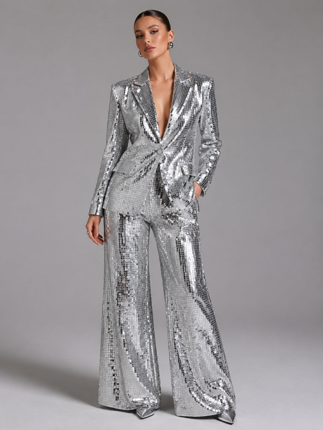 Silver Square Sequin Peak Lapel Blazer & High Waist Full Flare Trousers 2-Piece Party Suit – Premium 4 | RICALOUX