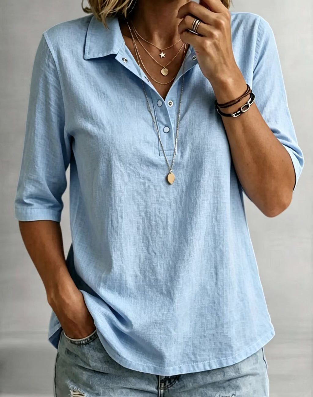 Loose-fitting Casual Mid-sleeve Lapel-collar Solid-color Shirt – Premium 0 | RICALOUX