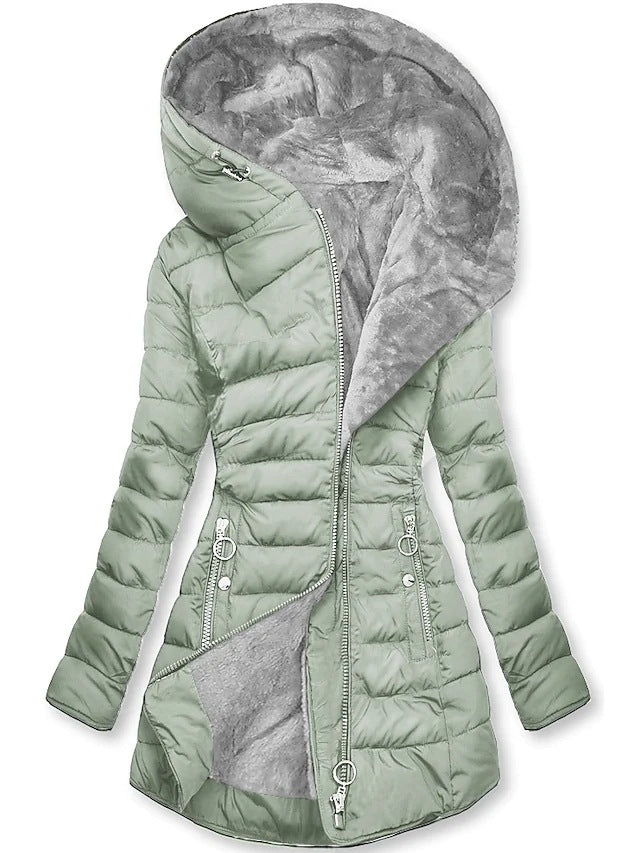 Women's Plush Hooded Mid-length Oblique Zipper Cotton-padded Coat - RICALOUX