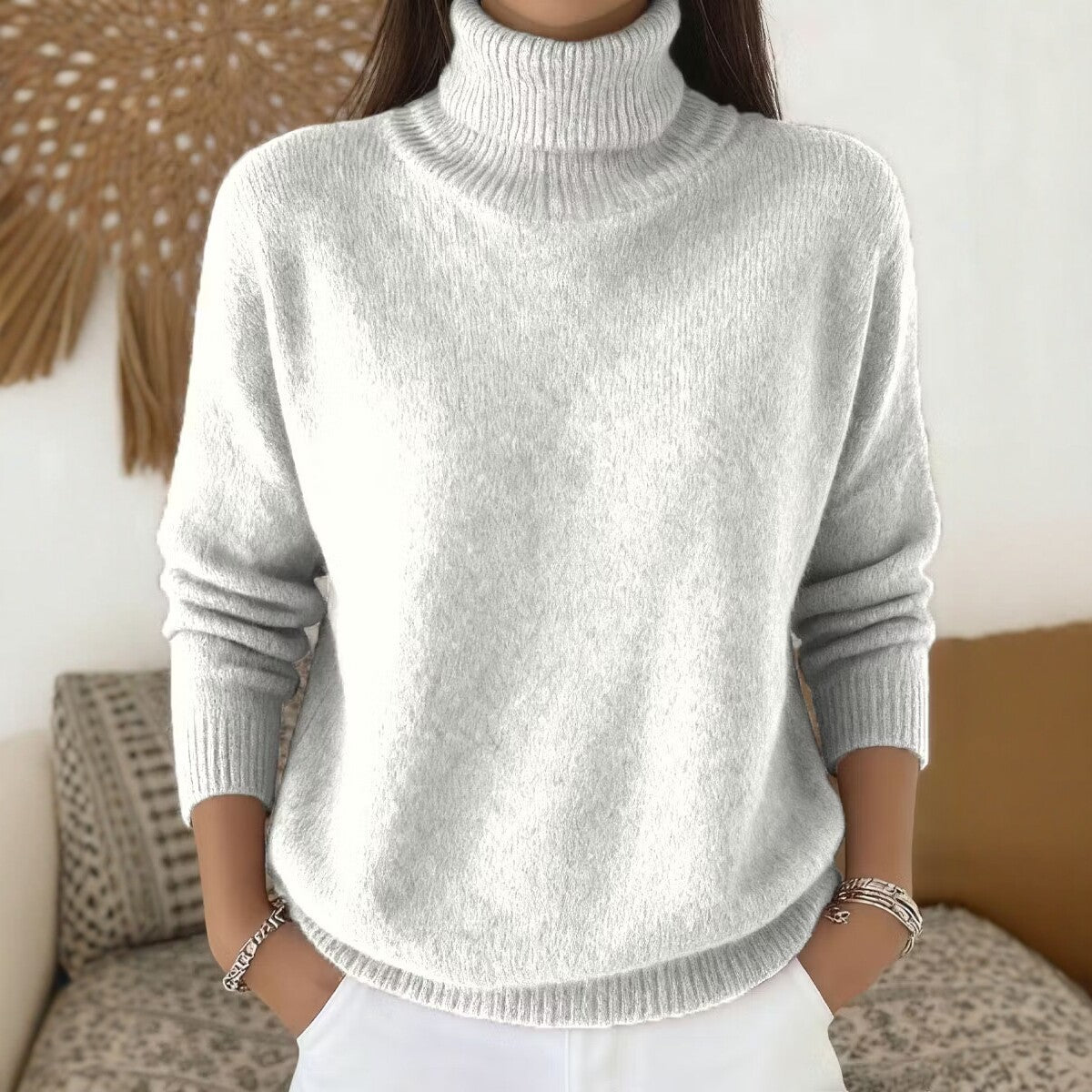 Womens Loose-fitting Solid-color Turtleneck Pullover Knit Sweater by Ricaloux