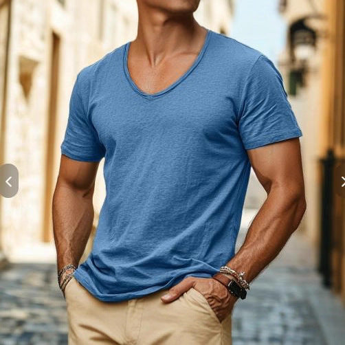 Solid-color Bamboo-cotton V-neck Short-sleeve T-shirt – Premium 0 | RICALOUX