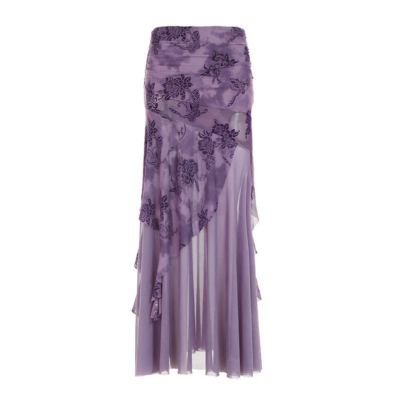 Irregular Purple Floral-print Mesh Patchwork Skirt by Ricaloux