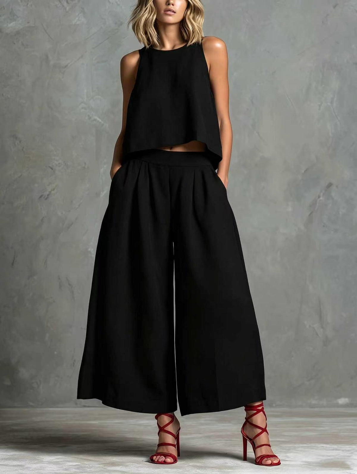Loose Laid-back Linen Vest And Wide-leg Pants Set – Premium 0 | RICALOUX