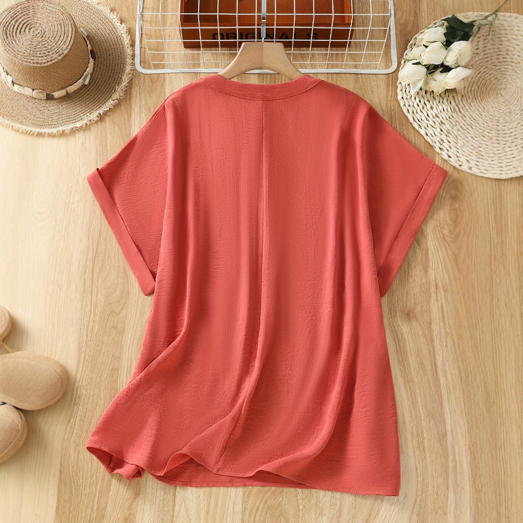 Womens Solid-Color Lace V-Neck Short-Sleeve Top With Buttons by Ricaloux