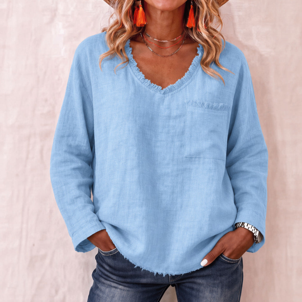 Loose-fit V-neck Long-sleeve Solid-color Casual Top For Women by Ricaloux
