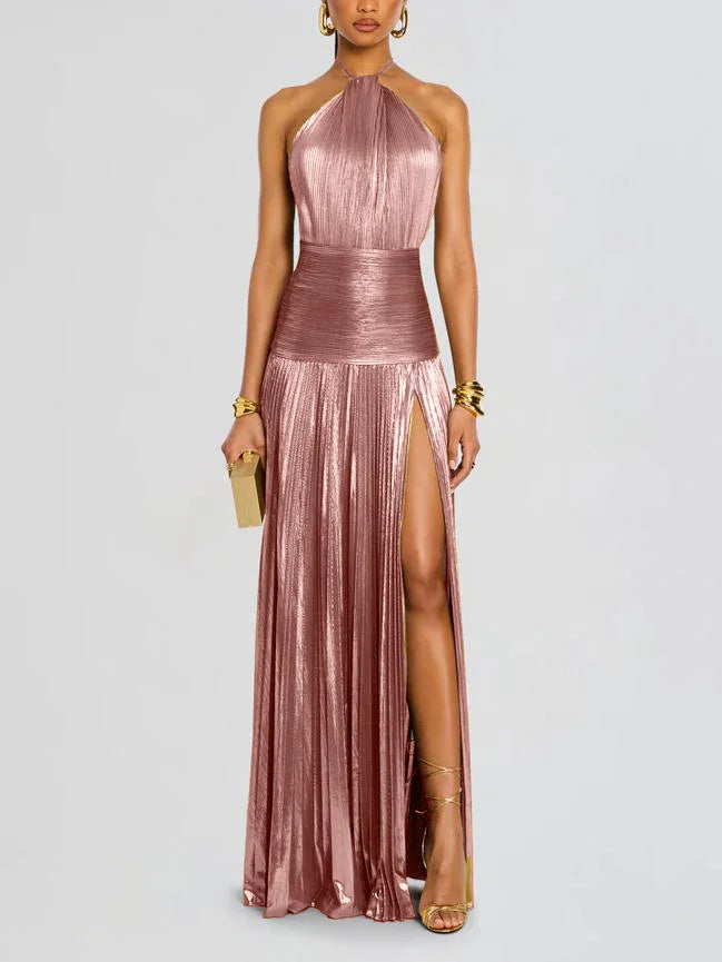 Sexy Pleated Halter Neck Long Dresses Summer Split Sleeveless Dress Evening Party Club Women's Clothing by Ricaloux