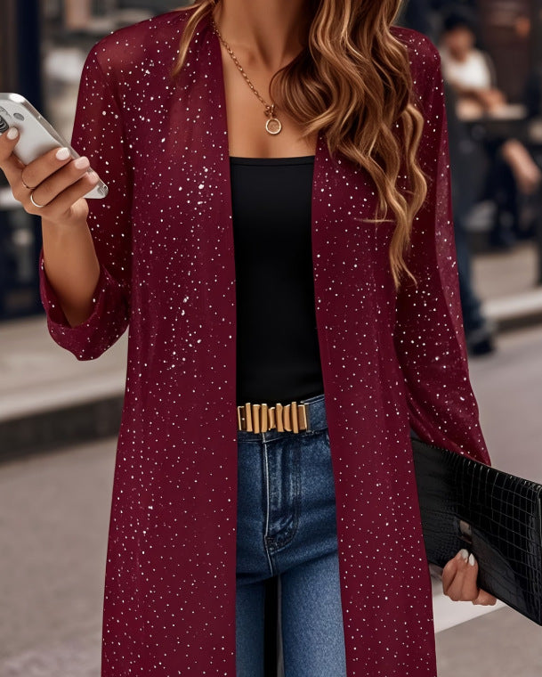 Elegant Semi-sheer Long Cardigan With Shimmering Mesh Detailing For Women by Ricaloux
