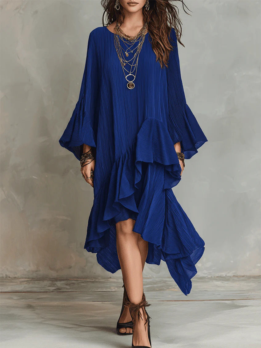 Womens Solid-color Elegant Asymmetrical Ruffled Dress by Ricaloux