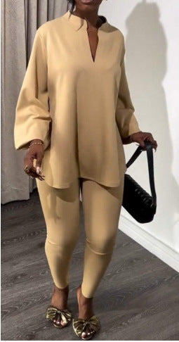 New Solid Color Split V-Neck Top & Skinny Pants Elegant Two-Piece Outfit – Premium 4 | RICALOUX