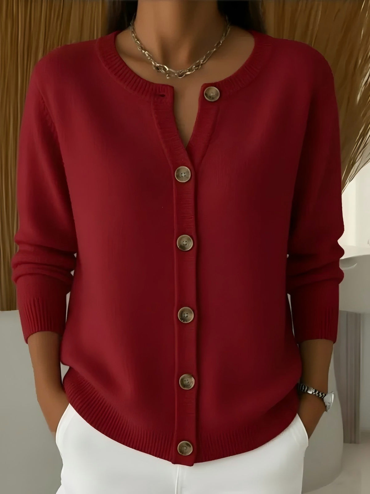 Womens Button-front Cardigan With A Round Neckline Loose-fit Knit Jacket by Ricaloux