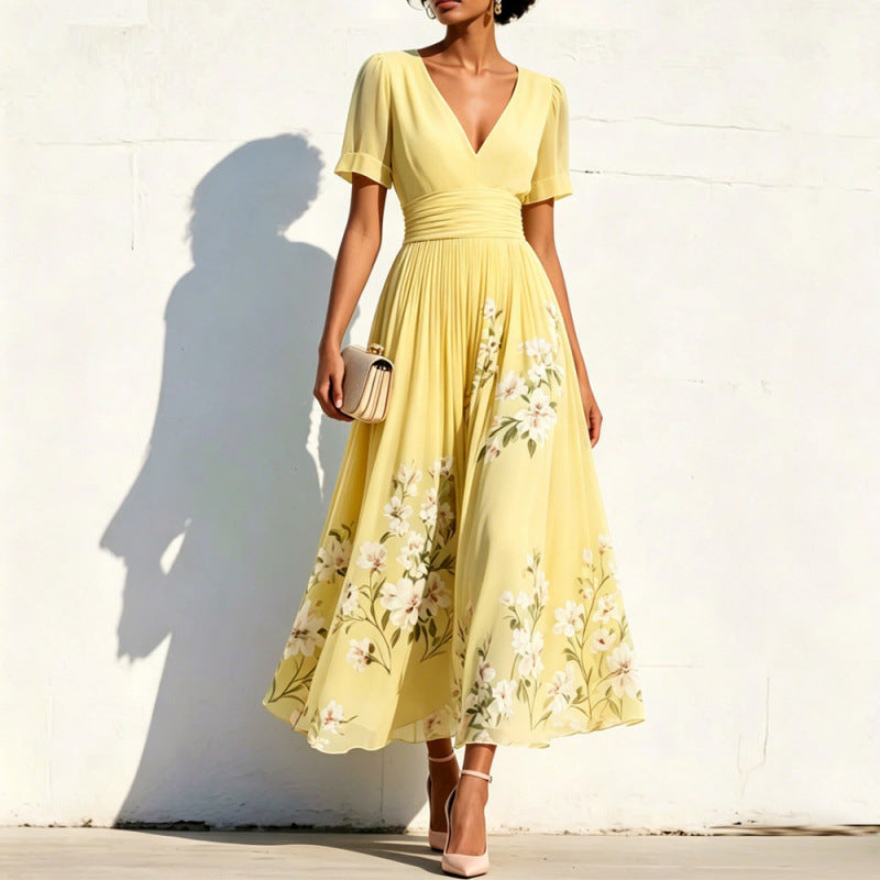 Womens Digital-Print Floral Long-Sleeve V-Neck Pleated Dress by Ricaloux