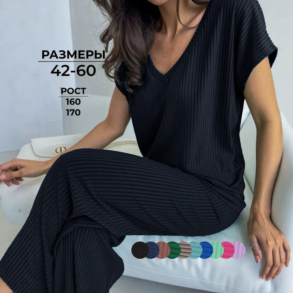 Relaxed-fit Casual Two-piece Set With Short Sleeves And Wide-leg Pants – Premium 0 | RICALOUX