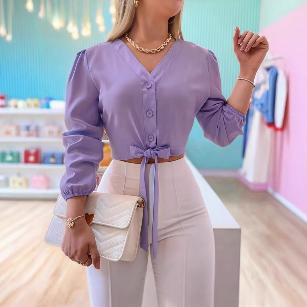 Long-sleeve Lace-up Casual Minimalist Cropped Blouse With Puff Sleeves – Premium 0 | RICALOUX