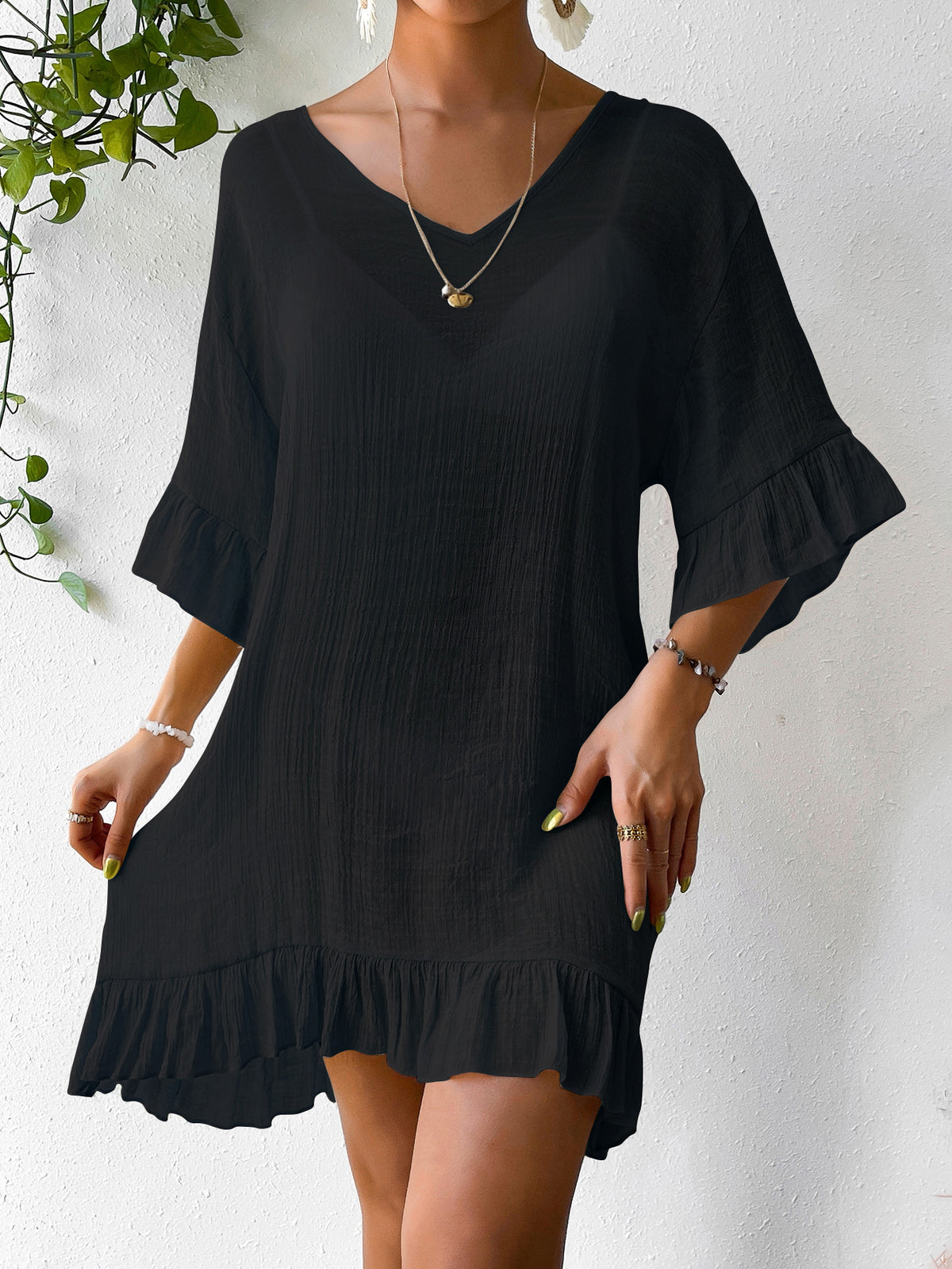 New V Neck Flare Sleeve Back Butterfly Print Sun Protection Dress, Bestseller Beach Cover Up Dress For Amazon – Premium 4 | RICALOUX