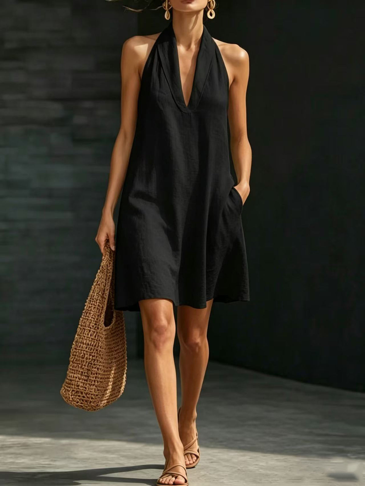 Casual Short Solid-color V-neck Dress by Ricaloux