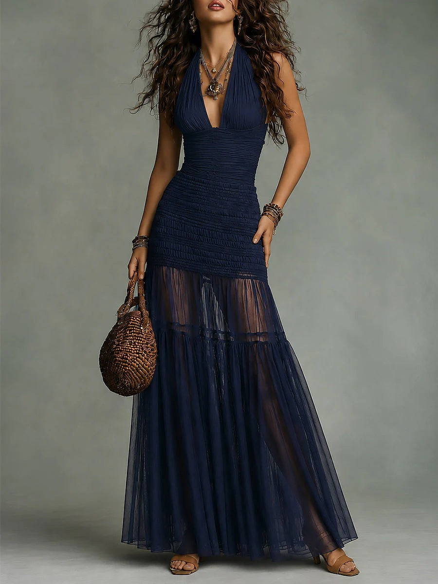Deep-V Pleated Waist-cinching Sheer Mesh Maxi Dress – Premium 0 | RICALOUX