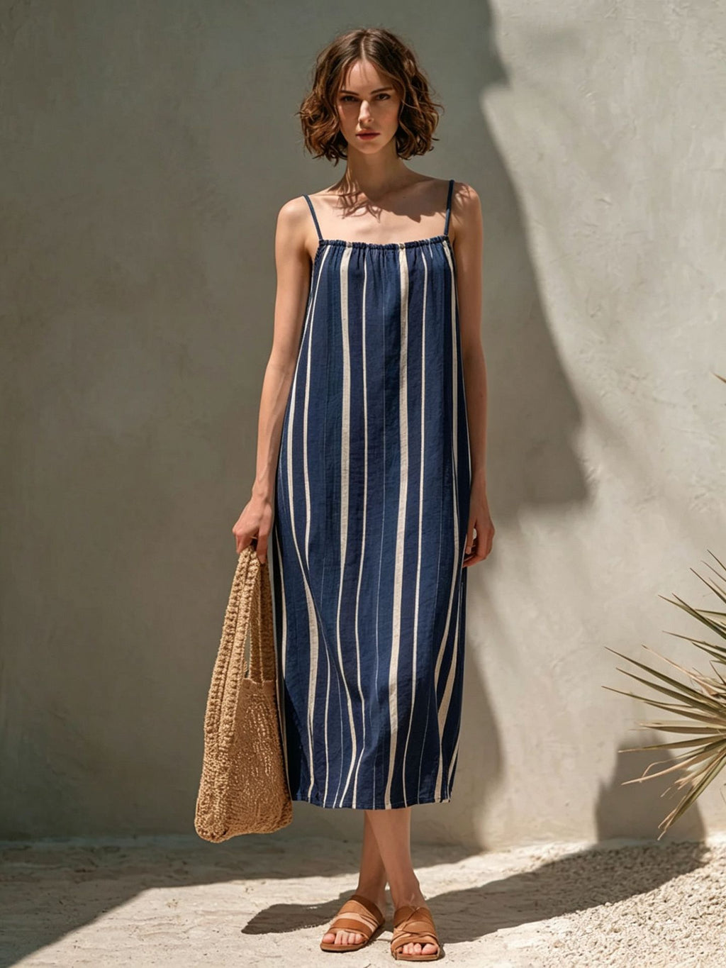 Womens Minimalist Striped Strap Midi Dress by Ricaloux
