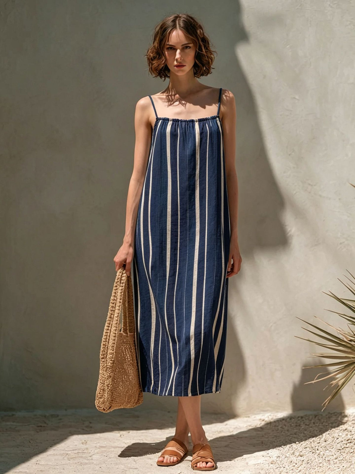 Womens Minimalist Striped Strap Midi Dress by Ricaloux