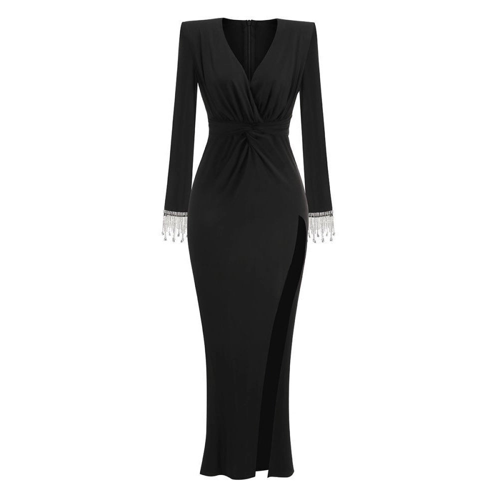 Spring Autumn Longsleeve Solidcolor Sexy DeepV Womens Dress by Ricaloux