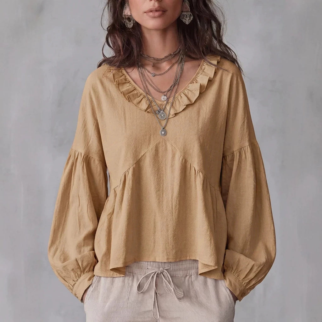 Vintage Lace-trimmed V-neck Long-sleeve Blouse – Premium 0 | RICALOUX