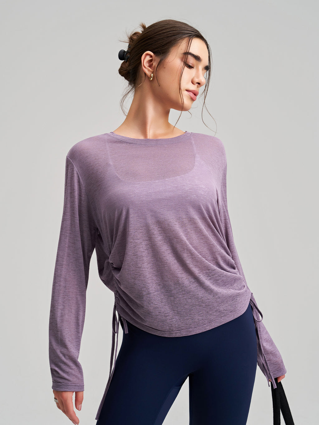 New Outerwear Crew Neck Yoga Cover-up Long-Sleeve Hip-Covering Side Drawstring T-Shirt, Loose Breathable Workout Running Yoga Top – Premium 4 | RICALOUX