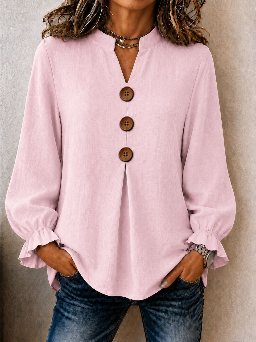 New Womens Fashion Long-sleeve V-neck Solid-color Button-up Top For Fall And Winter by Ricaloux