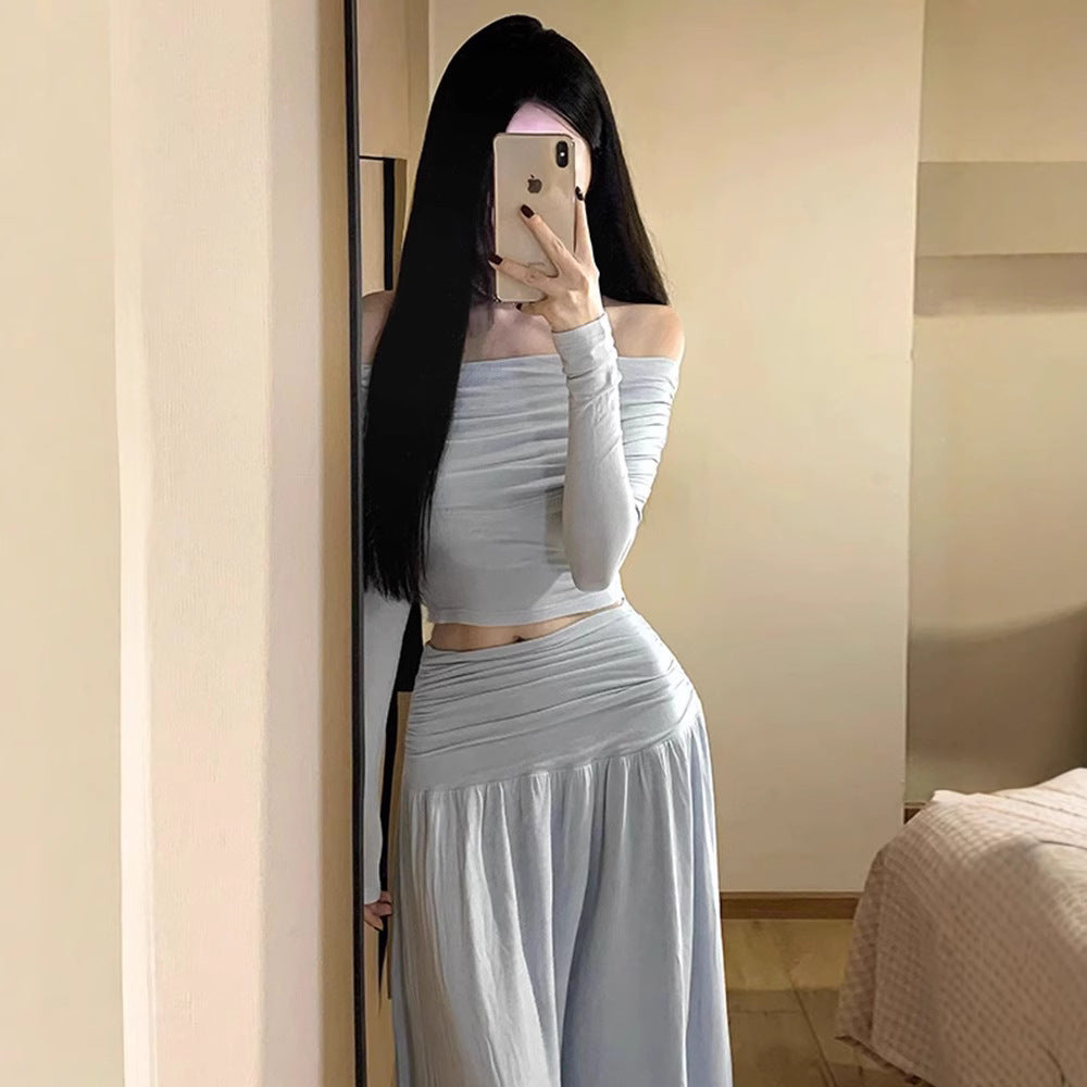 One-shoulder Figure-flattering Long-sleeve Slim-fit High-waist Skirt Two-piece Set by Ricaloux