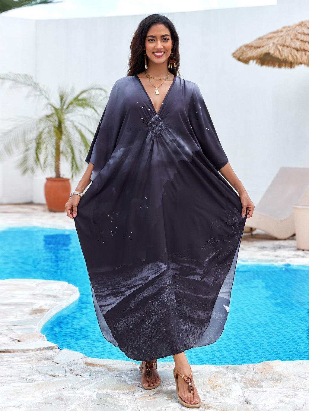 Printed Beach Cover-up Hand-knitted V-neck Plus-size Dress by Ricaloux