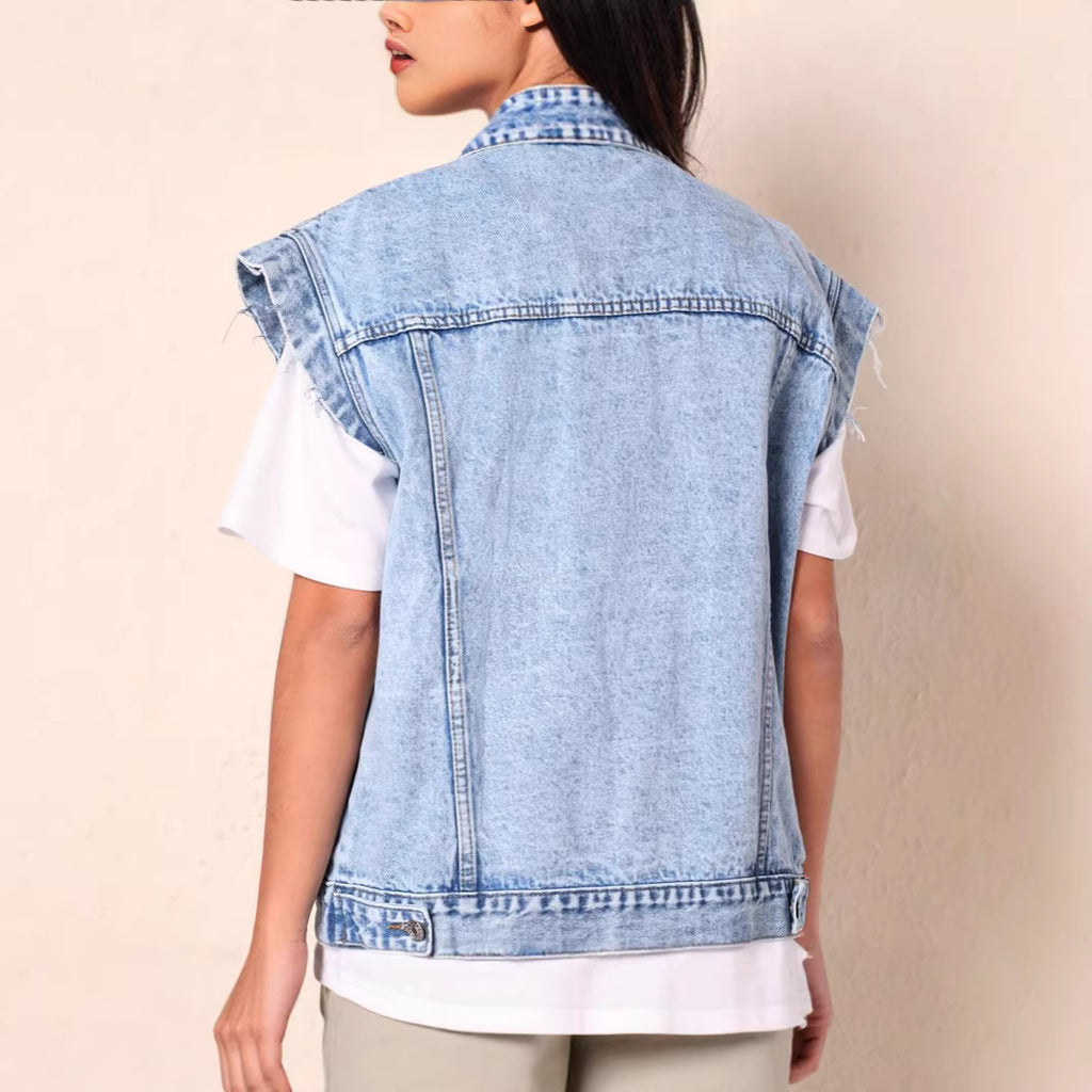 Womens Minimalist Casual Chic Denim Jacket Vest by Ricaloux