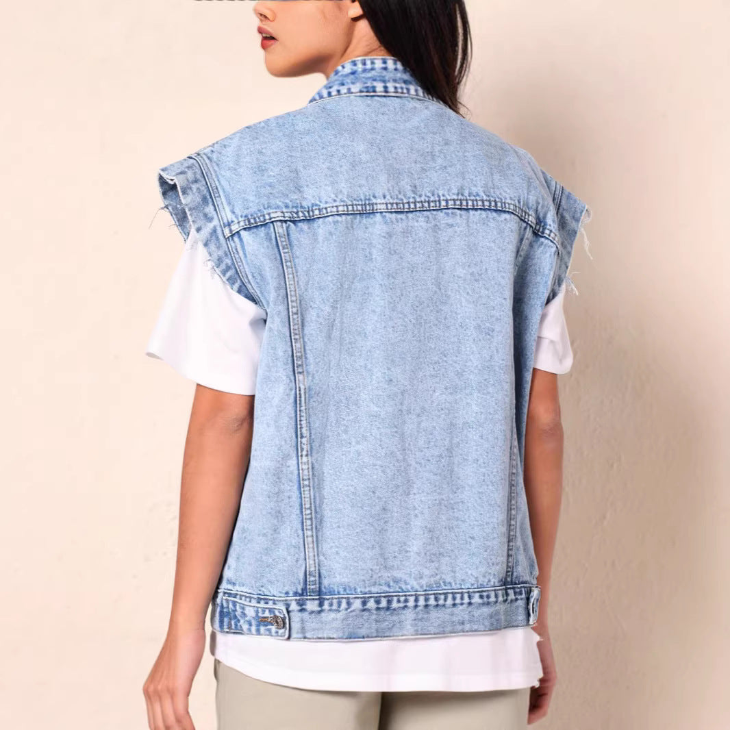 Womens Minimalist Casual Chic Denim Jacket Vest by Ricaloux