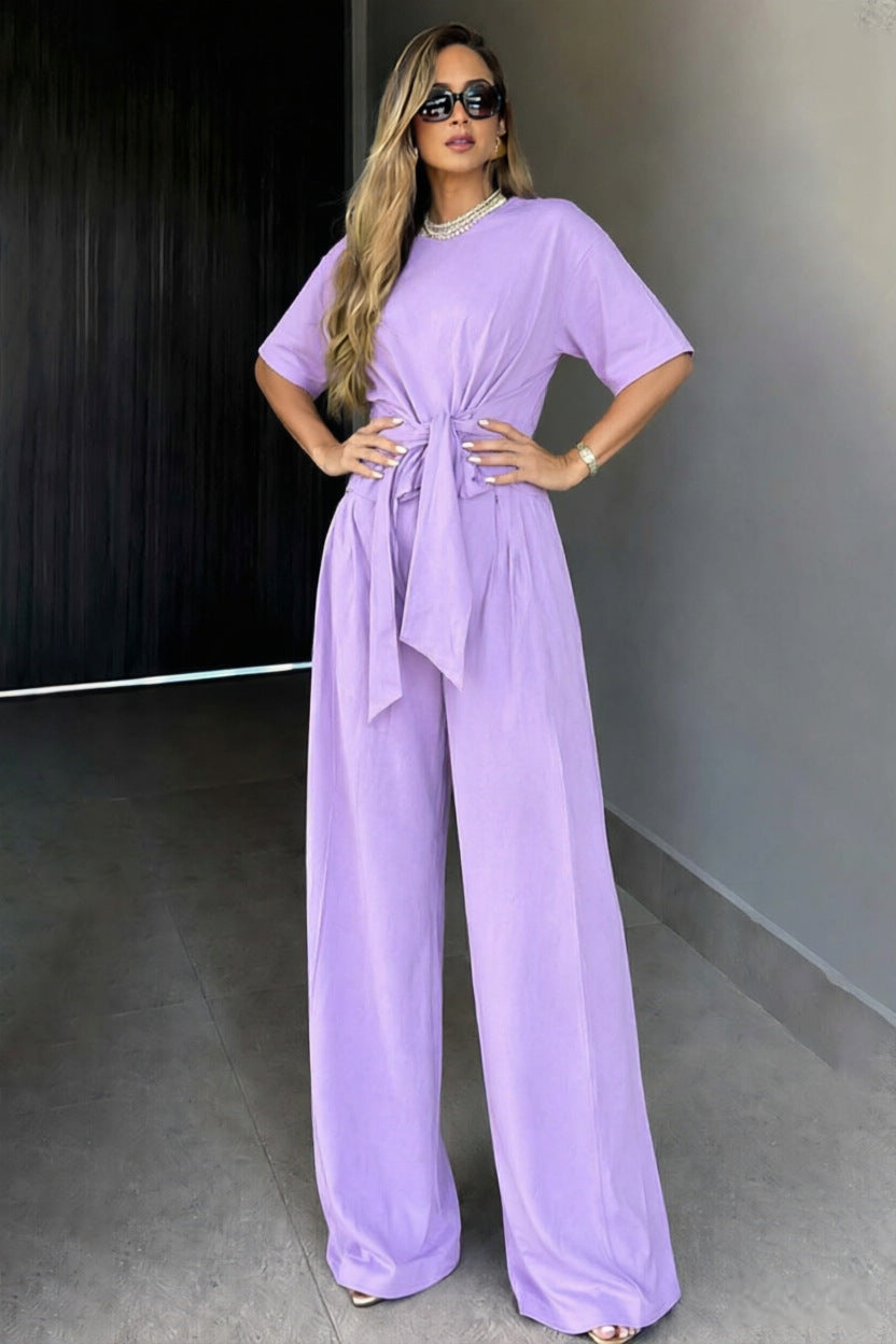 Round-neck Short-sleeve Top And Loose Wide-leg Pants Set – Premium 0 | RICALOUX