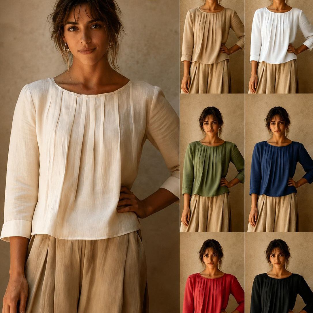 Womens Cotton-linen Top Loose-fit Round-neck Shirt – Premium 0 | RICALOUX