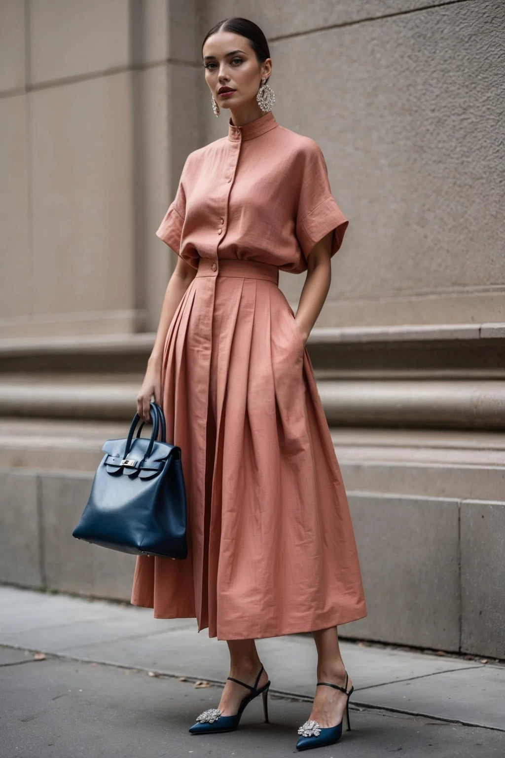 Solid-color Short-sleeve Turtleneck Top With Pleated Long Skirt by Ricaloux