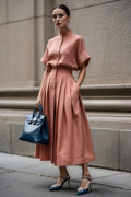 Solid-color Short-sleeve Turtleneck Top With Pleated Long Skirt by Ricaloux